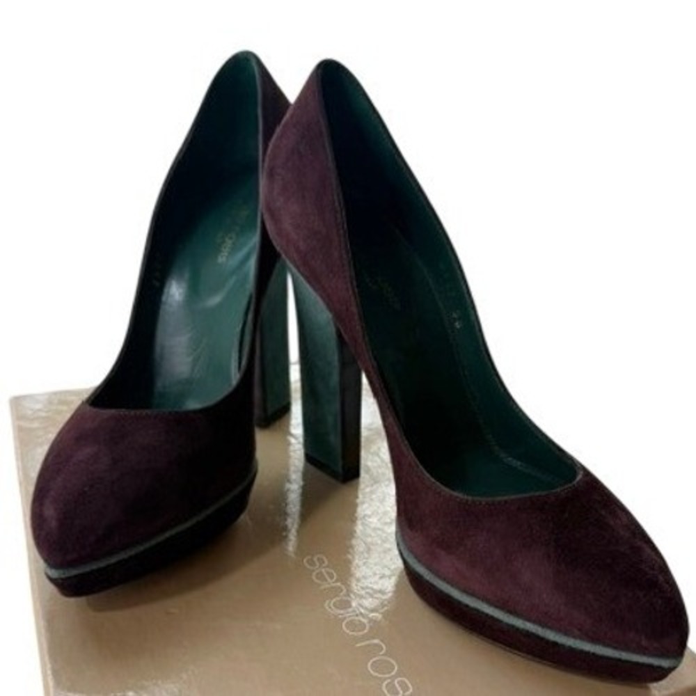 Sergio Rossi Purple Suede Pointed Toe Platform Block Heel Pumps AU2502.003 38